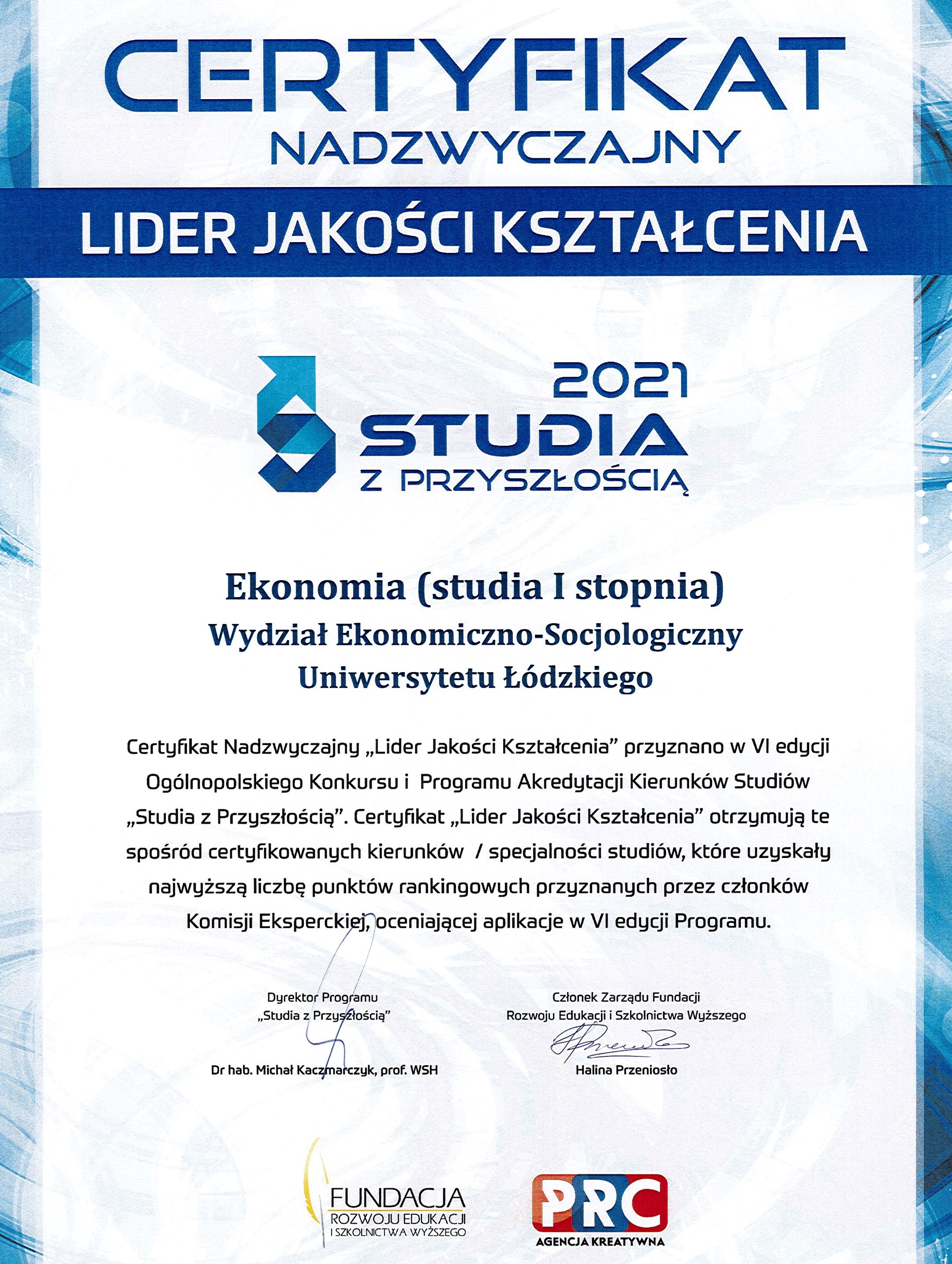 Certyfikat Studia z Przyszłością