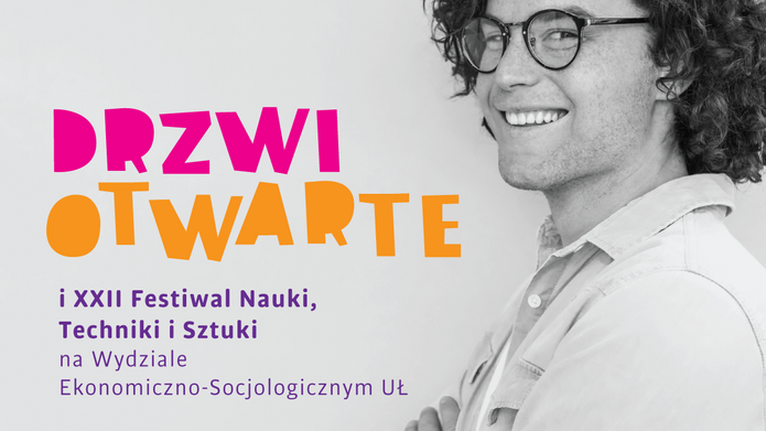grafika dotycząca drzwi otwartych z portretem młodego mężczyzny w okularach z kręconymi włosami